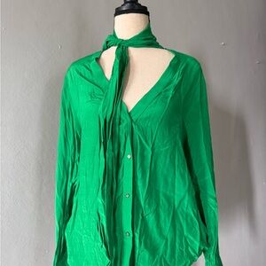 Zara Green Long Sleeve Button Down Shirt with Tie Front